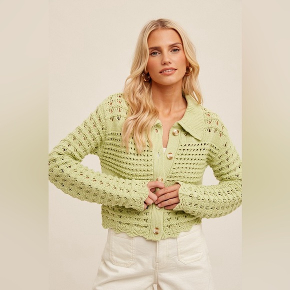 Green patchwork knit spring lace crochet eyelet boho cardigan ribbed sweater - Picture 2 of 8